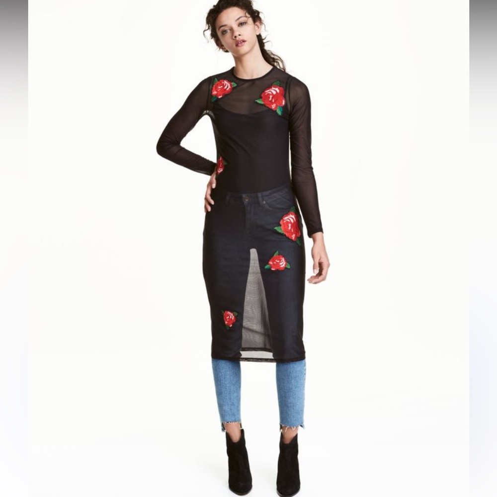 H&M mesh dress stretchy sheer whimsigoth roses  long sleeve dark romantic SZ 8